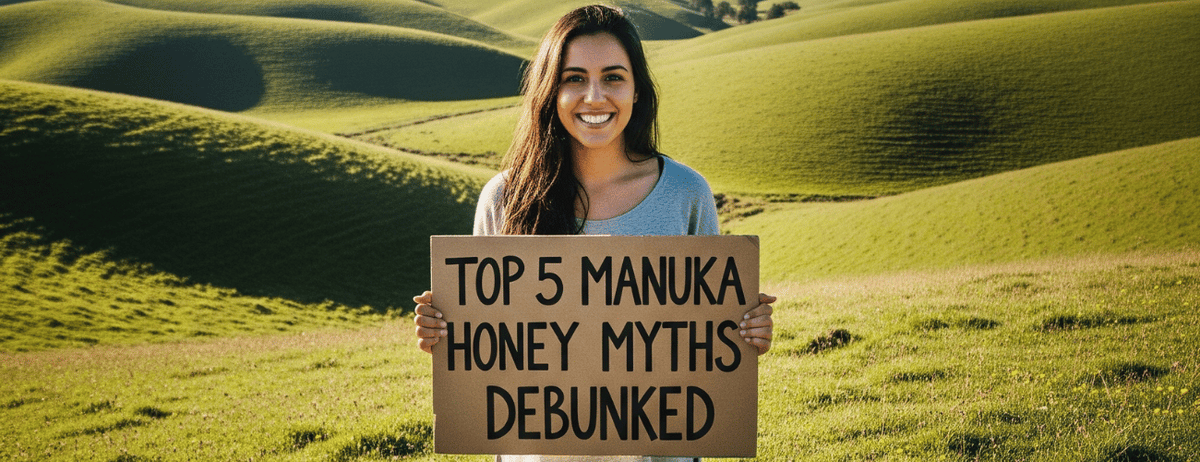 Top 5 Manuka Honey Myths debunked - woman holding a sign 